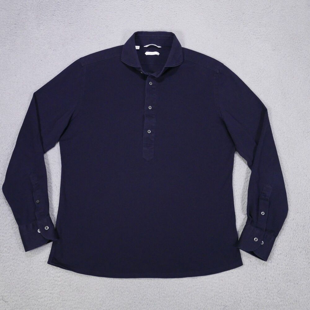 Suitsupply Pure Cotton Long Sleeve Knit Polo Navy Blue Mens Large 16 | 16 1/2